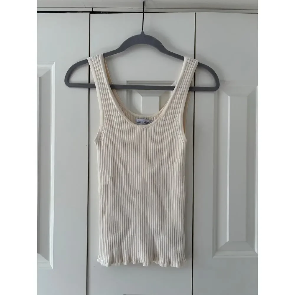 Calvin Klein Ribbed Knit Tank Top Ivory Sleeveless Stretch Women’s Medium M - Picture 2 of 6